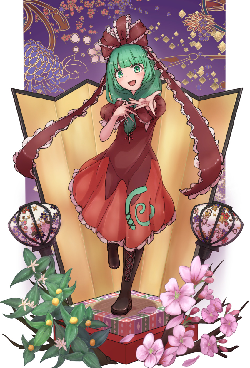 1girl :d black_footwear blunt_bangs bonbori_(lighting) boots border bow commentary cross-laced_footwear dress flower flower_request folding_screen frilled_bow frilled_dress frilled_ribbon frilled_sleeves frills front_ponytail green_eyes green_hair hair_bow hair_ribbon hand_up highres hinamatsuri kagiyama_hina lantern long_hair looking_at_viewer open_mouth outstretched_arm paper_lantern plum_blossom_print plum_blossoms puffy_short_sleeves puffy_sleeves purple_background reaching reaching_towards_viewer red_bow red_dress red_ribbon ribbon short_sleeves smile solo standing standing_on_one_leg touhou white_border yuzu5p4