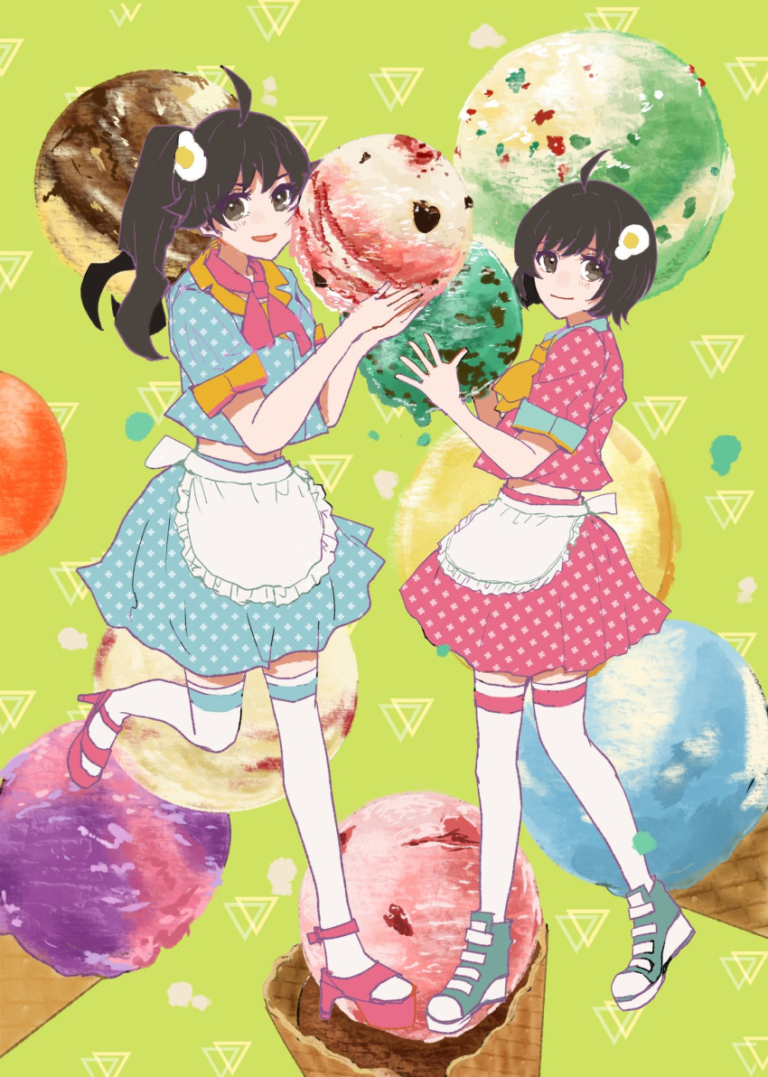 2girls :d ahoge alternate_costume apron araragi_karen araragi_tsukihi black_hair blue_shirt blue_skirt bow bowtie closed_mouth egg_hair_ornament food food-themed_hair_ornament frilled_apron frills full_body green_background grey_eyes hair_ornament hands_up high_heels highres holding ice_cream long_hair looking_at_viewer maid maid_apron monogatari_(series) multiple_girls open_mouth patterned_clothing pink_bow pink_bowtie pink_footwear pink_shirt pink_skirt ponytail puffy_short_sleeves puffy_sleeves sandals shirt shoes short_hair short_sleeves siblings sisters skirt smile sneakers standing standing_on_one_leg swept_bangs thigh-highs valhalla0707 white_apron white_thighhighs yellow_bow yellow_bowtie