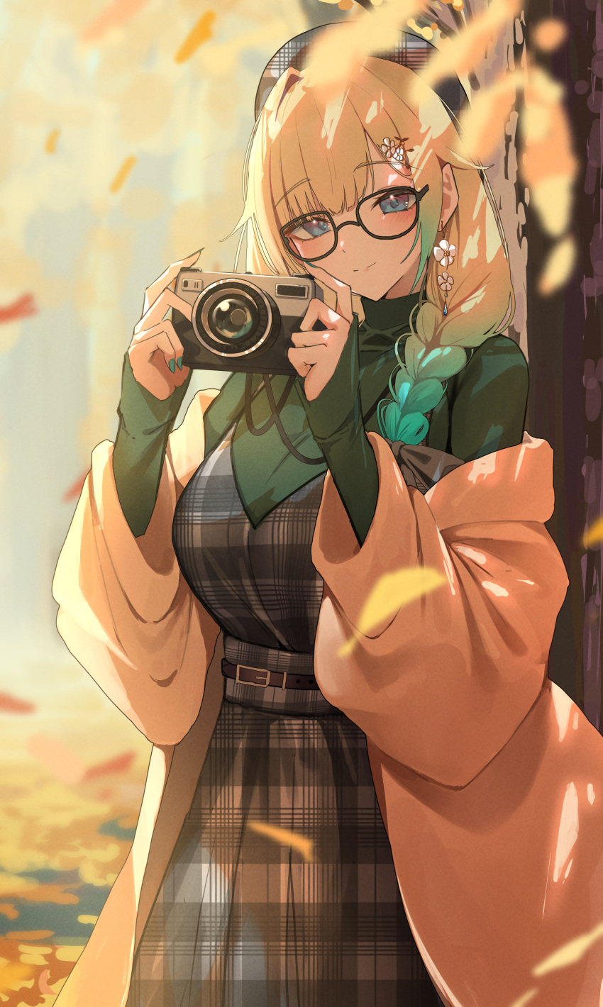 1girl absurdres aizawa_ema autumn autumn_leaves belt black-framed_eyewear black_belt black_bow blonde_hair blue_eyes blunt_bangs bow braid breasts brown_coat camera coat dress earrings falling_leaves flower flower_earrings french_braid glasses gradient_hair green_hair green_nails green_sweater grey_dress hair_bow hair_flower hair_ornament hat highres holding holding_camera jewelry large_breasts leaf long_hair long_sleeves looking_at_viewer maple_leaf multicolored_hair off_shoulder open_clothes open_coat outdoors plaid plaid_dress plaid_headwear shiro_marimo sleeves_past_wrists solo sweater tree turtleneck turtleneck_sweater virtual_youtuber vspo!