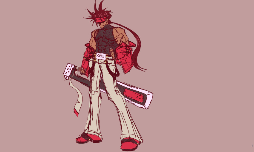 1boy absurdres brown_hair guilty_gear headband highres non-web_source purple_background red_headband simple_background sol_badguy solo