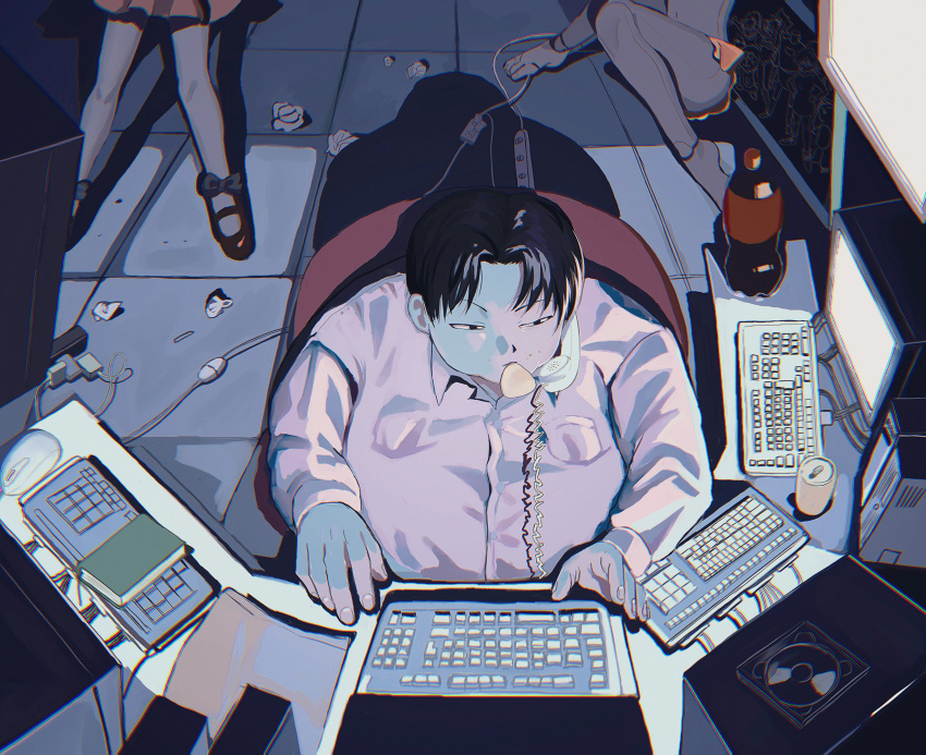 1boy absurdres black_eyes black_hair cable can chips_(food) computer corded_phone doll fat food food_in_mouth from_above highres hunter_x_hunter indoors keyboard_(computer) long_sleeves male_focus miko_hxh milluki_zoldyck parted_bangs phone pink_shirt shirt soda_bottle soda_can solo talking_on_phone used_tissue