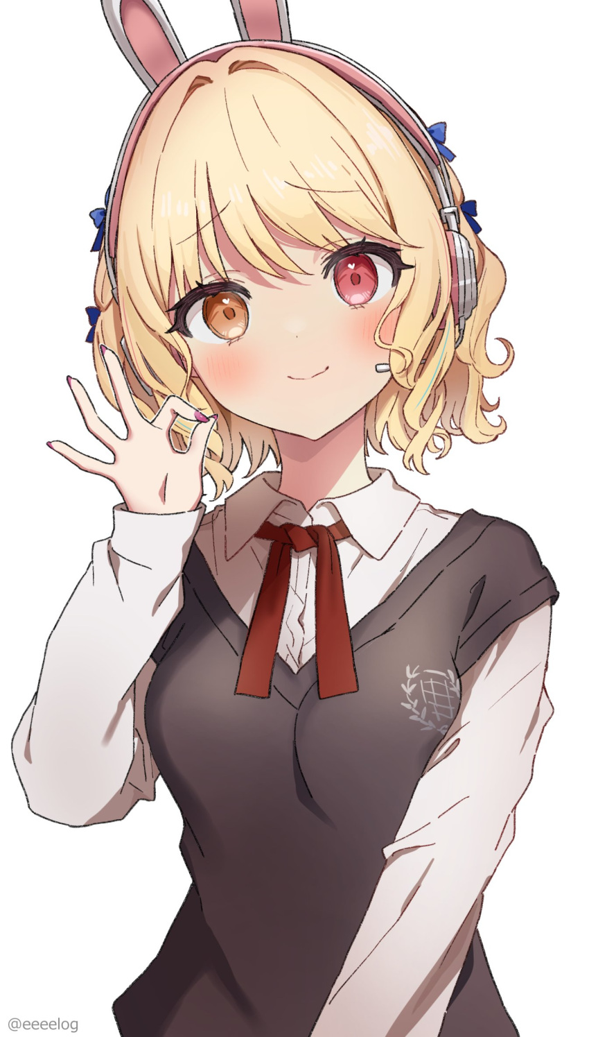 1girl animal_ears black_jacket blonde_hair blue_bow bow copyright_request fake_animal_ears h_(eitilog) hair_bow headset heart heart_in_eye heterochromia highres jacket long_sleeves looking_at_viewer multiple_hair_bows ok_sign orange_eyes pink_nails red_eyes school_uniform shirt smile solo symbol_in_eye white_shirt