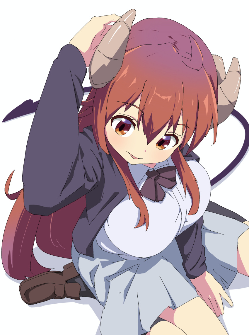 1girl absurdres ahoge arm_behind_head between_legs black_bow black_bowtie black_jacket black_socks blush bow bowtie breasts brown_eyes brown_footwear brown_hair casual collared_shirt commentary curled_horns demon_girl demon_horns demon_tail foreshortening from_above hair_between_eyes hand_between_legs highres horns jacket kneehighs knees_out_of_frame large_breasts loafers long_hair long_sleeves looking_afar machikado_mazoku oekakiism open_clothes open_jacket parted_lips shirt shoes sidelocks simple_background sitting smile socks solo tail very_long_hair wariza white_background white_shirt yoshida_yuuko_(machikado_mazoku)