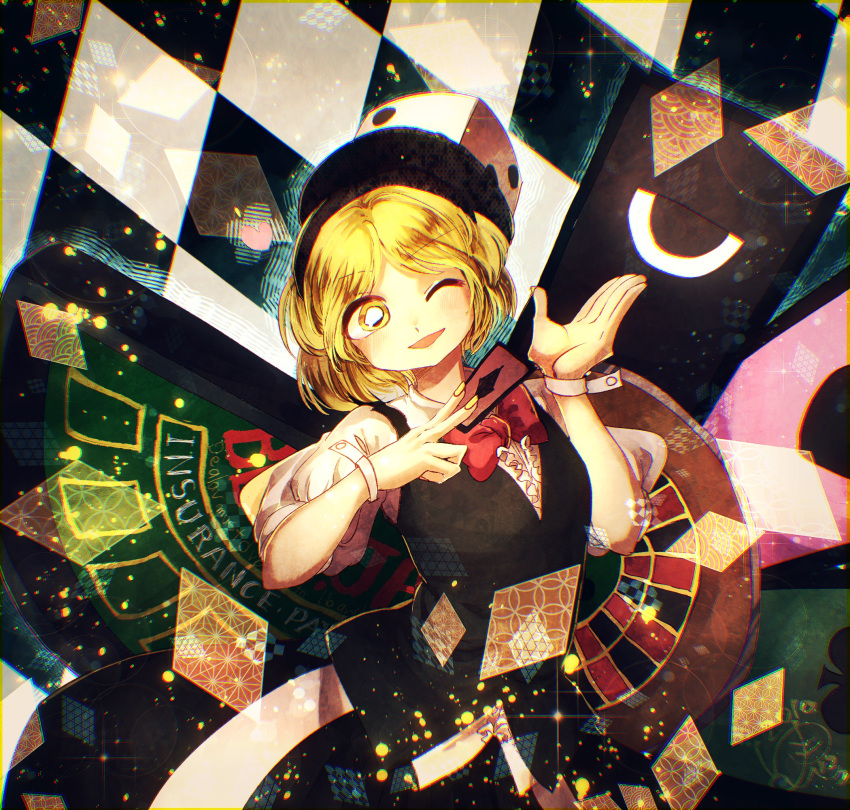 1other androgynous argyle argyle_background between_fingers black_background black_hairband black_skirt black_vest blackjack_table blonde_hair bow bowtie card center_frills club_(shape) collared_shirt dated dice_hair_ornament eye_of_senri fingernails floating_card frills hair_ornament hairband hand_up heart highres holding holding_card len'en looking_at_viewer one_eye_closed open_mouth other_focus playing_card puffy_short_sleeves puffy_sleeves red_bow red_bowtie roulette_table shirt short_hair short_sleeves signature skirt skirt_set smile solo table two-tone_background upper_body v-neck vest white_background white_shirt white_wrist_cuffs xeno_a yellow_eyes yellow_nails yukkyon_kyon