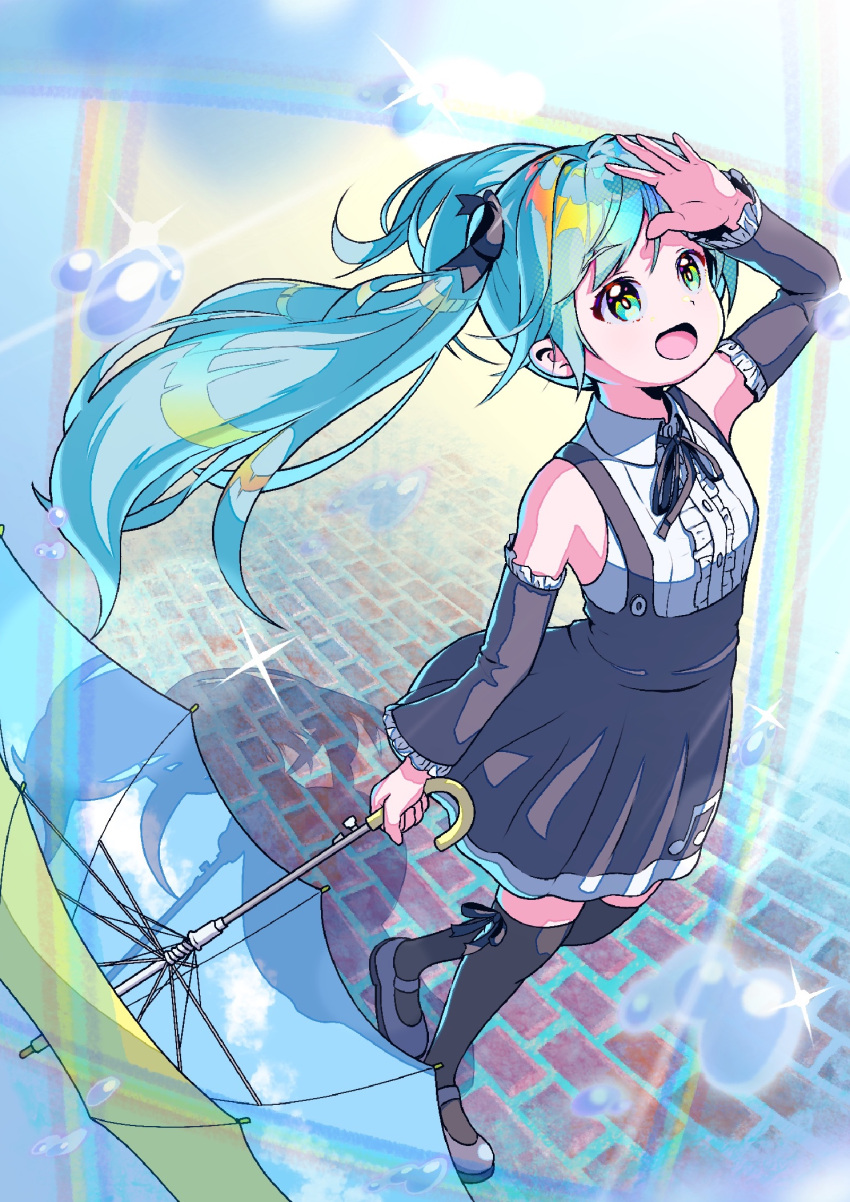 1girl aqua_eyes aqua_hair black_bow black_footwear black_pantyhose black_ribbon black_skirt black_sleeves bow brick_road center_frills commentary detached_sleeves dress_shirt floating_hair frilled_skirt frilled_sleeves frills full_body gothic_(module) hand_up happy hatsune_miku highres holding holding_umbrella kurohanesawa long_hair looking_up mary_janes official_alternate_costume open_mouth pantyhose project_diva project_diva_(series) rainbow ribbon shading_eyes shadow shirt shoes skirt smile solo standing twintails umbrella very_long_hair vocaloid water_drop