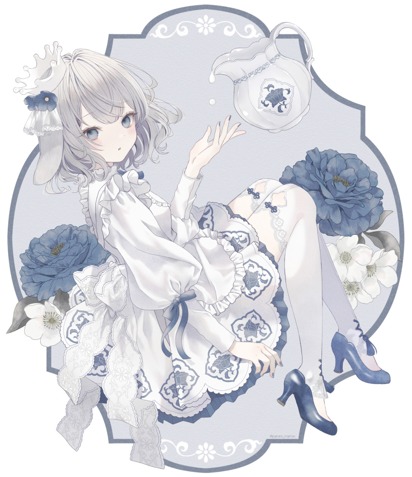 1girl :o absurdres animal_ears blue_eyes blue_flower blue_footwear blue_nails dress expressionless floral_print flower grey_hair high_heels highres lolita_fashion long_sleeves original paruno pitcher_(container) rabbit_ears solo thigh-highs white_dress white_flower white_thighhighs