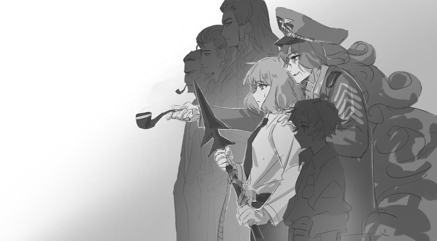 3boys 3girls aged_down ahab_(project_moon) coat greyscale harpoon hat highres holding holding_weapon ishmael_(project_moon) limbus_company long_hair long_sleeves military_hat military_uniform monochrome multiple_boys multiple_girls necktie pip_(project_moon) project_moon queequeg_(project_moon) shiqicheng shirt short_hair simple_background smoking_pipe spoilers starbuck_(project_moon) stubb_(project_moon) uniform very_long_hair weapon