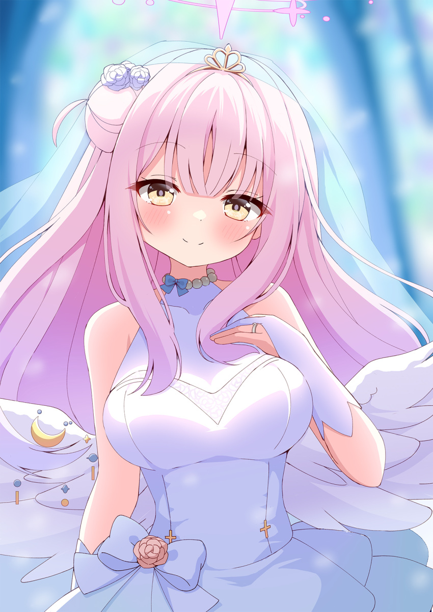 1girl angel_wings azel_(laevateinn495) blue_archive blush breasts closed_mouth dress feathered_wings flower gloves hair_bun hair_flower hair_ornament halo highres large_breasts long_hair looking_at_viewer mika_(blue_archive) partially_fingerless_gloves pink_hair pink_halo purple_flower single_side_bun smile solo wedding_dress white_dress white_gloves white_wings wings yellow_eyes