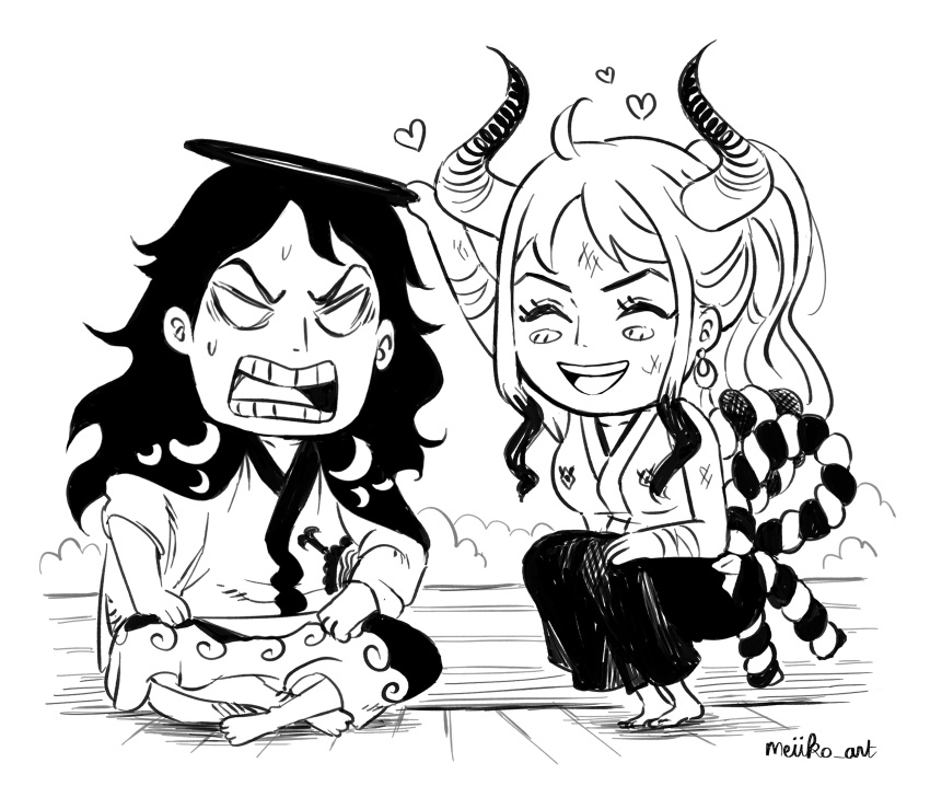 1boy 1girl absurdres artist_name black_hair chibi closed_eyes commentary curled_horns earrings english_commentary full_body greyscale highres hoop_earrings horns japanese_clothes jewelry kimono long_hair meiiko_art momonosuke_(one_piece) monochrome one_piece oni oni_horns open_mouth rope shimenawa sitting smile teeth yamato_(one_piece)