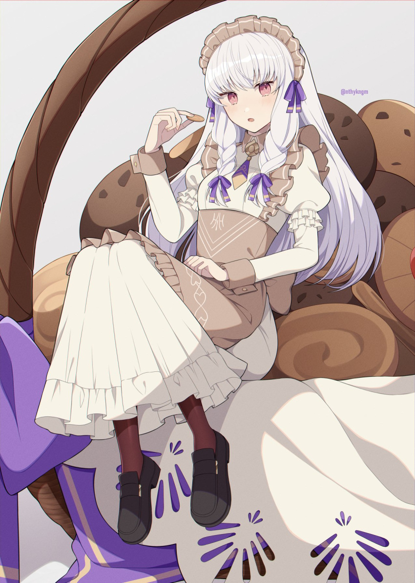 1girl :o apron basket black_footwear blush brown_apron brown_pantyhose commentary_request cookie crml_orng dress fire_emblem fire_emblem:_three_houses fire_emblem_heroes food grey_background hair_ribbon highres holding holding_food juliet_sleeves long_hair long_sleeves looking_at_viewer lysithea_von_ordelia lysithea_von_ordelia_(tea_party) maid maid_headdress official_alternate_costume open_mouth pantyhose pink_eyes puffy_sleeves purple_ribbon ribbon shoes simple_background sitting solo twitter_username waist_apron white_dress white_hair