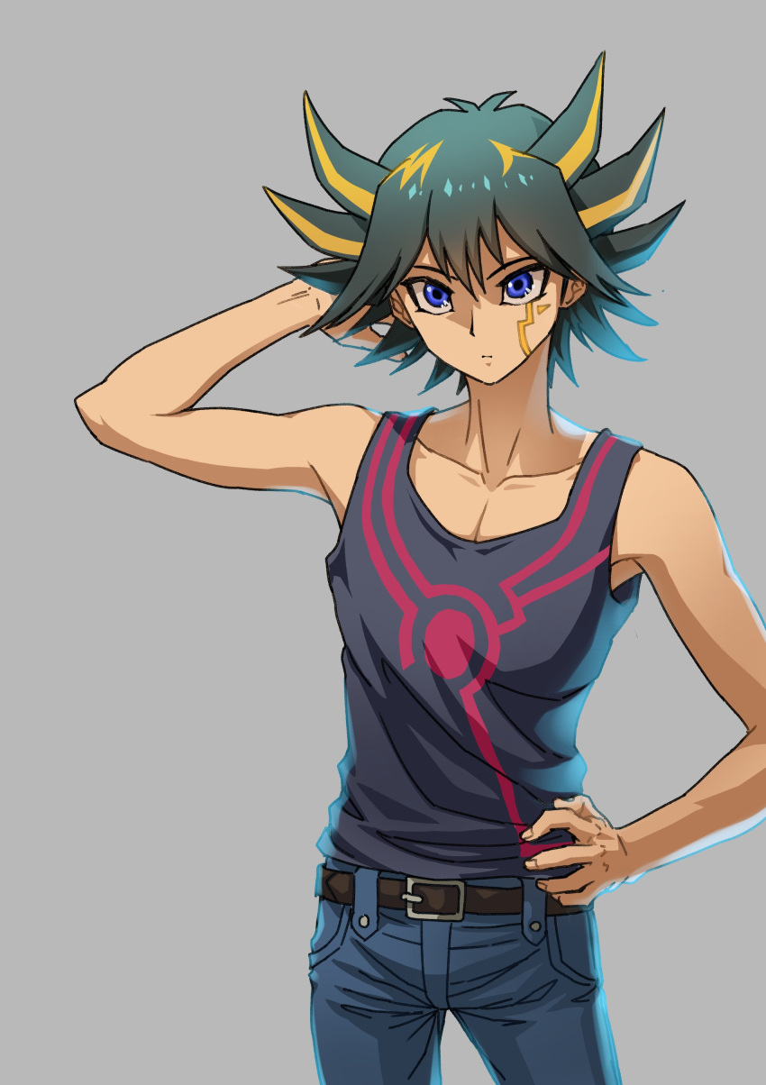 1boy absurdres arm_behind_head arm_up backlighting bare_shoulders belt black_hair black_tank_top blue_eyes cowboy_shot facial_mark facial_tattoo fudou_yuusei grey_background hand_on_own_hip highres leather_belt male_focus marking_on_cheek multicolored_hair pants short_hair simple_background solo spiky_hair standing streaked_hair tank_top tattoo youko-shima yu-gi-oh! yu-gi-oh!_5d's