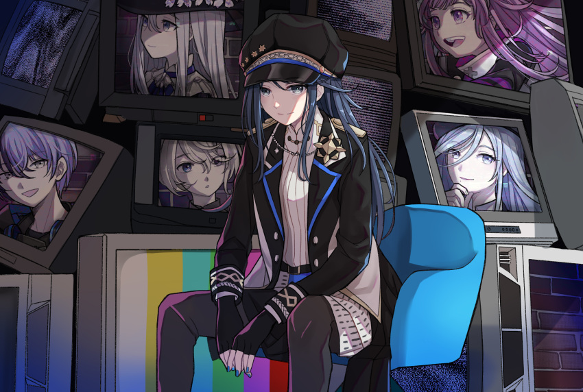 1girl 25-ji_miku absurdres aoyagi_touya arrow_cross black_gloves black_headwear black_jacket black_leggings black_skirt blue_eyes blue_hair blue_nails blue_ribbon blue_trim brick_wall cabbie_hat chair chaos1402 close_game/offline_(project_sekai) closed_mouth commentary_request cross crt dark_blue_hair eyes_visible_through_hair feet_out_of_frame fingerless_gloves gloves hair_between_eyes hand_on_own_chin hat hat_ornament hatsune_miku heterochromia highres hinomori_shizuku hoshino_ichika_(project_sekai) jacket lapels leggings light_blue_hair long_bangs long_sleeves looking_ahead looking_at_viewer monitor multicolored_hair neck_ribbon notched_lapels official_alternate_hair_length official_alternate_hairstyle on_chair ootori_emu open_clothes open_jacket open_mouth pink_eyes pink_hair portrait project_sekai ribbon scanlines shirt short_hair shoulder_boards sitting skirt smile solo split-color_hair star_(symbol) star_hat_ornament static teeth television test_card unbuttoned unbuttoned_jacket upper_teeth_only violet_eyes vocaloid white_shirt white_trim yoisaki_kanade
