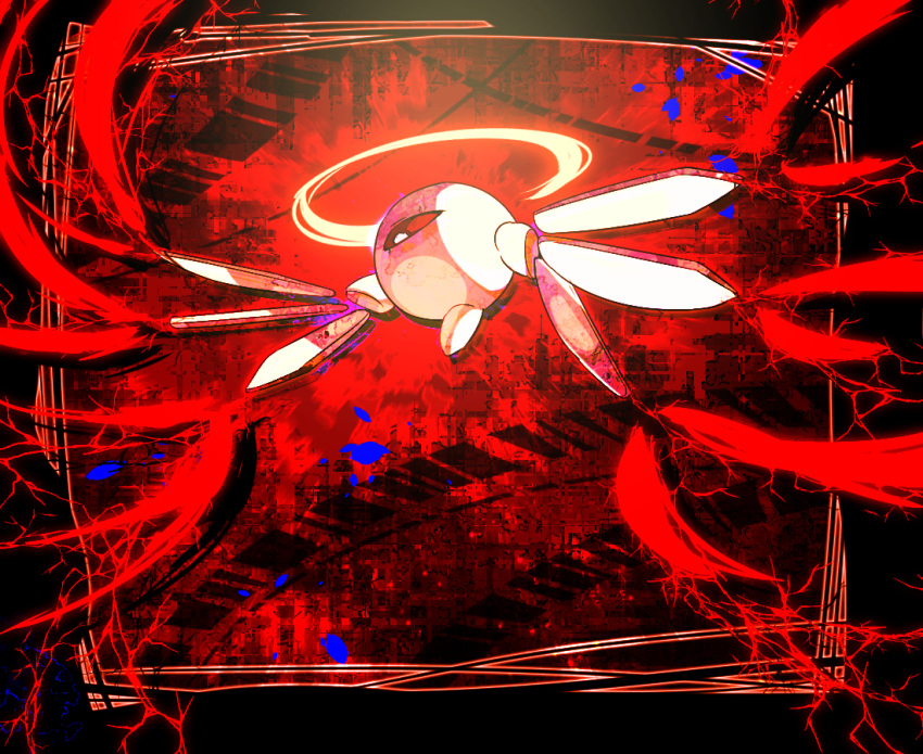 abstract_background angel_wings colored_sclera commentary_request detached_wings halo kirby_(series) no_humans one-eyed red_background red_sclera red_wings shirushiki solo two-tone_wings veins white_wings wings yellow_halo zero_two_(kirby)