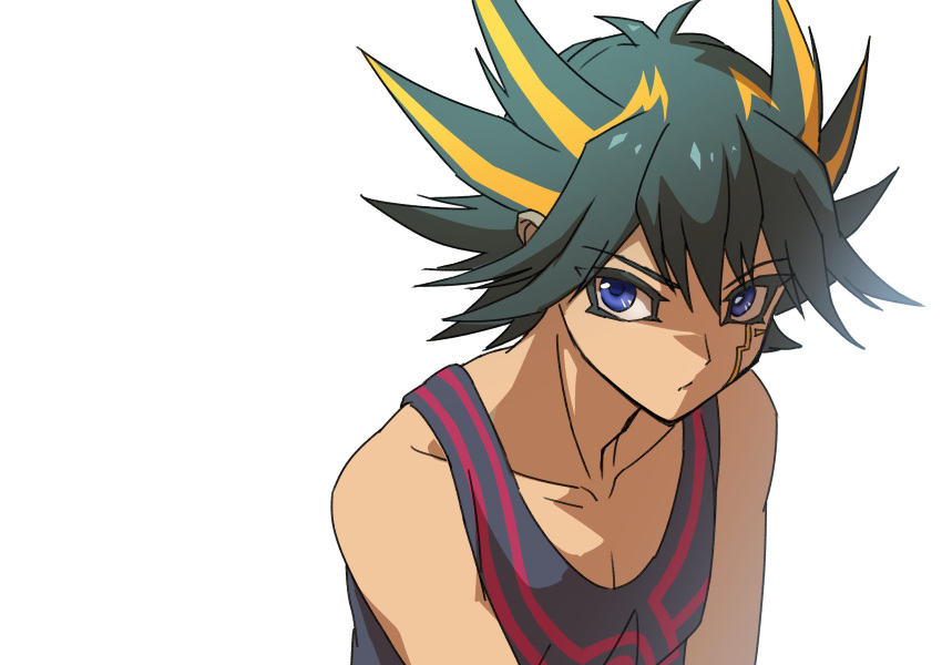 1boy black_hair black_tank_top blue_eyes collarbone facial_mark facial_tattoo fudou_yuusei highres leaning leaning_forward looking_to_the_side male_focus marking_on_cheek multicolored_hair serious short_hair simple_background slouching solo spiky_hair streaked_hair tank_top tattoo white_background youko-shima yu-gi-oh! yu-gi-oh!_5d's