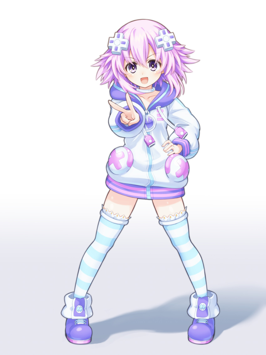 1girl absurdres choker d-pad d-pad_hair_ornament full_body hair_ornament highres jacket legs_apart long_sleeves looking_at_viewer neptune_(neptunia) neptune_(series) purple_hair shionic_zm short_hair smile solo striped striped_thighhighs thigh-highs v violet_eyes white_choker white_jacket