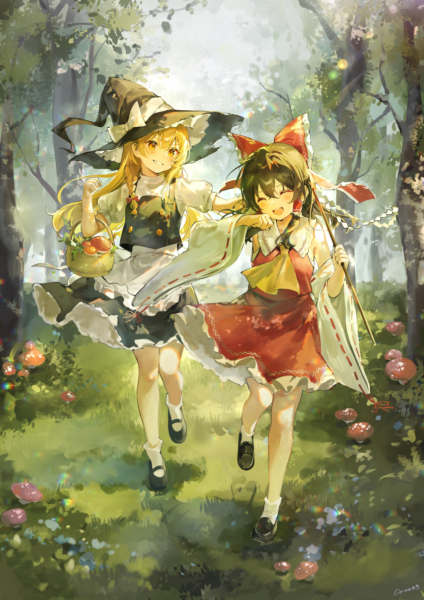 2girls :d ^_^ absurdres ame929 artist_name ascot basket black_footwear black_hair black_headwear black_skirt black_vest blonde_hair bow braid closed_eyes collared_vest commentary_request detached_sleeves facing_viewer forest frilled_bow frills gohei grin hair_bow hakurei_reimu hat highres holding holding_gohei kirisame_marisa long_hair mary_janes multiple_girls mushroom nature open_mouth orange_eyes outdoors puffy_short_sleeves puffy_sleeves red_bow red_skirt red_vest ribbon-trimmed_sleeves ribbon_trim shirt shoes short_sleeves single_braid skirt smile socks touhou vest white_bow white_shirt white_sleeves white_socks wide_sleeves witch_hat yellow_ascot