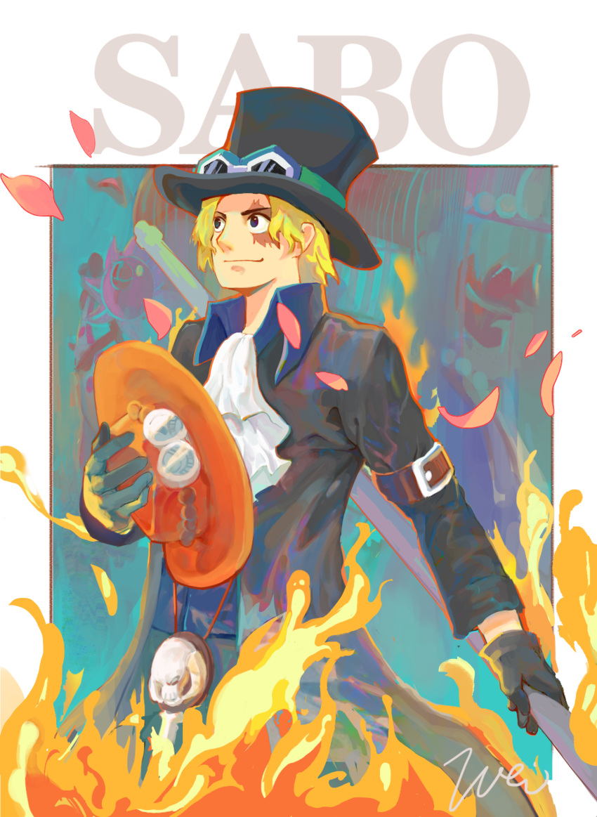1boy ascot black_gloves blonde_hair character_name closed_mouth commentary_request fire gloves goggles goggles_on_headwear hat highres holding holding_clothes holding_hat holding_weapon li_yu_xian_sheng male_focus one_piece sabo_(one_piece) scar scar_across_eye scar_on_face short_hair signature smile solo top_hat weapon white_ascot