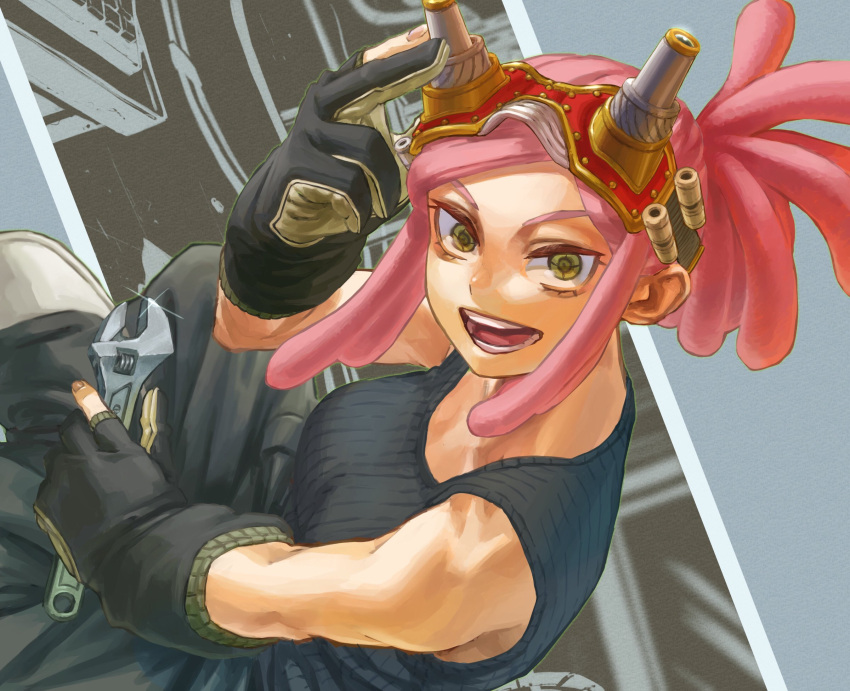 1girl black_gloves black_tank_top boku_no_hero_academia crosshair_pupils gloves goggles goggles_on_head hatsume_mei highres holding holding_wrench looking_at_viewer open_mouth partially_fingerless_gloves pink_hair ponytail solo tank_top wrench yellow_eyes yomoyama_yotabanashi