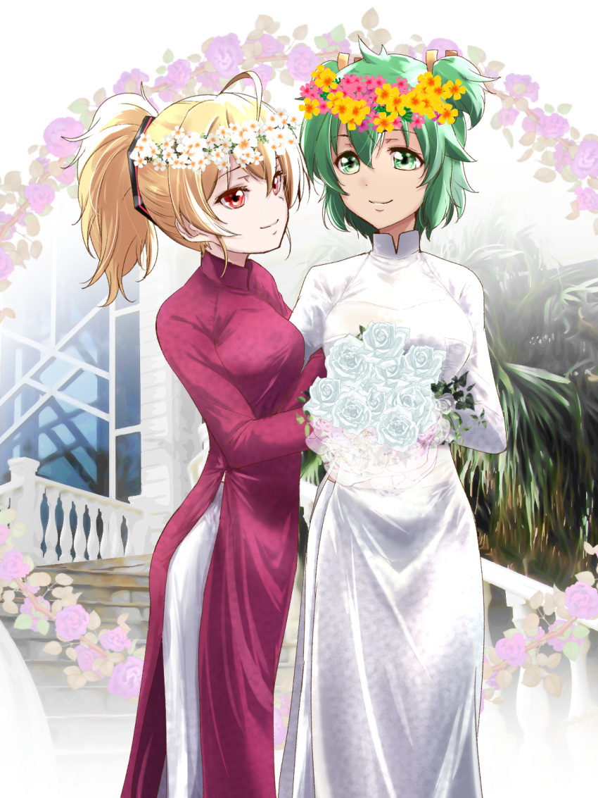 2girls ahoge andou_tazusa antenna_hair arm_hug assault_lily black_ribbon blonde_hair bouquet building closed_mouth commentary_request commission cowboy_shot day dress eye_contact flower flower_wreath green_eyes green_hair hair_between_eyes hair_ribbon hands_up head_wreath highres holding holding_bouquet long_dress long_sleeves looking_at_another looking_to_the_side midriff_peek multiple_girls outdoors palm_tree pants pink_flower ponytail purple_flower purple_rose railing red_eyes ribbon rose second-party_source side-by-side side_slit sideways_glance stairs standing tree two_side_up urutsu_sahari vietnamese_dress white_background white_dress white_flower white_pants white_rose wind yellow_flower yellow_ribbon yoshimura_thi_mai yuri