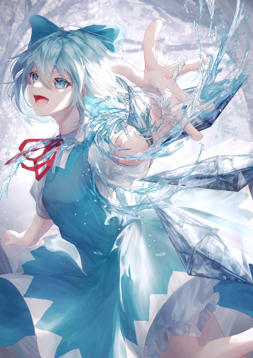 1girl absurdres bloomers blue_bow blue_dress blue_eyes blue_hair blue_ribbon bow breasts cirno cowboy_shot cryokinesis dress fairy_wings from_side hair_between_eyes hair_bow highres hydrokinesis ice_crystal neck_ribbon open_mouth pinafore_dress puffy_short_sleeves puffy_sleeves reaching reaching_towards_viewer red_ribbon ribbon shirt short_hair short_sleeves sleeveless sleeveless_dress small_breasts solo toku_kekakewanko touhou water white_bloomers white_shirt wings