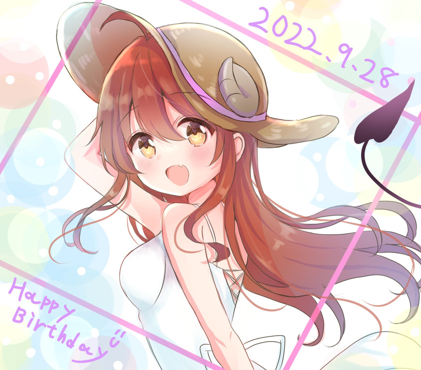 1girl 2022 :d alternate_costume arm_at_side arm_up blush breasts brown_eyes brown_hair commentary_request curled_horns dated demon_girl demon_horns demon_tail dress eyelashes eyes_visible_through_hair fang floating_hair from_side hair_between_eyes happy happy_birthday hat highres horns horns_through_headwear long_hair looking_at_viewer machikado_mazoku medium_breasts multicolored_background nanami_ayane_(kusunoki5050) open_mouth pastel_colors simple_background skin_fang sleeveless sleeveless_dress smile solo straw_hat sundress tail tareme upper_body very_long_hair white_background white_dress yoshida_yuuko_(machikado_mazoku)