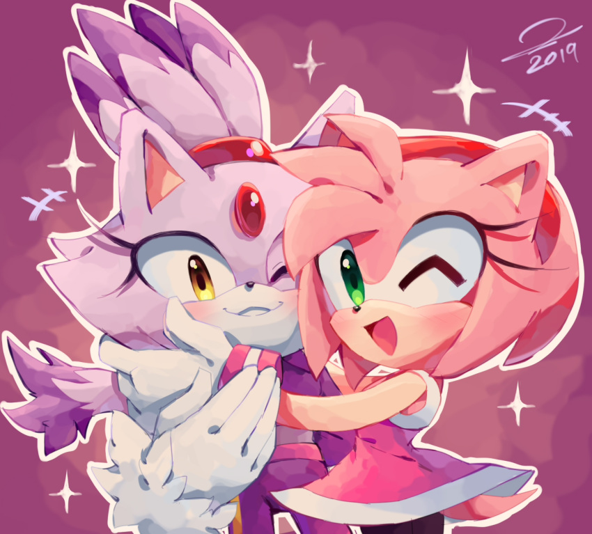 2girls amy_rose animal_ears bad_deviantart_id bad_id blaze_the_cat cat_ears cat_girl cat_tail forehead_jewel fur-trimmed_gloves fur_trim gloves green_eyes hairband highres hug looking_at_viewer mario_&amp;_sonic_at_the_olympic_games multiple_girls one_eye_closed pink_fur purple_fur red_hairband smile sonic_(series) sonicaimblu19 super_mario_bros. tail white_gloves yellow_eyes