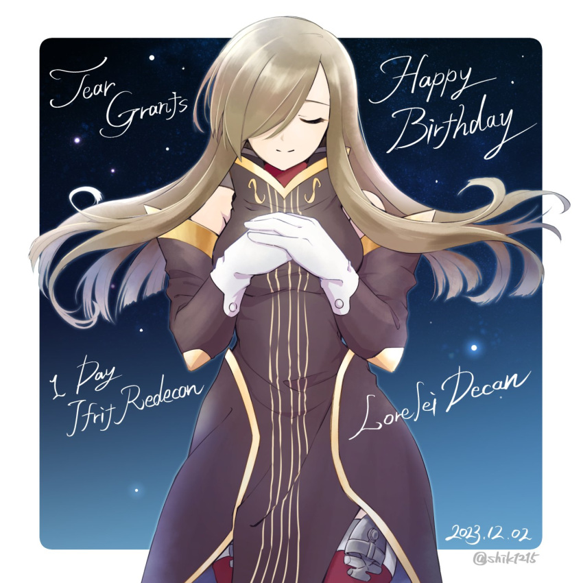 1girl bare_shoulders border brown_dress brown_sleeves character_name closed_eyes closed_mouth commentary_request cowboy_shot dated detached_sleeves dress english_text floating_hair gloves hair_over_one_eye happy_birthday high_collar highres knife light_particles long_hair one_eye_covered outside_border own_hands_together red_thighhighs shiki_123 sidelocks smile solo swept_bangs tales_of_(series) tales_of_the_abyss tear_grants thigh-highs thigh_strap twitter_username white_border white_gloves