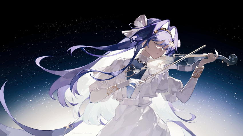 1girl black_background black_hairband bow_(music) closed_eyes closed_mouth commentary dress floating_hair gloves hair_intakes hairband highres instrument long_hair music playing_instrument purple_hair reverse:1999 solo star_(sky) starry_background upper_body very_long_hair violin voyager_(reverse:1999) wenqing white_dress white_gloves
