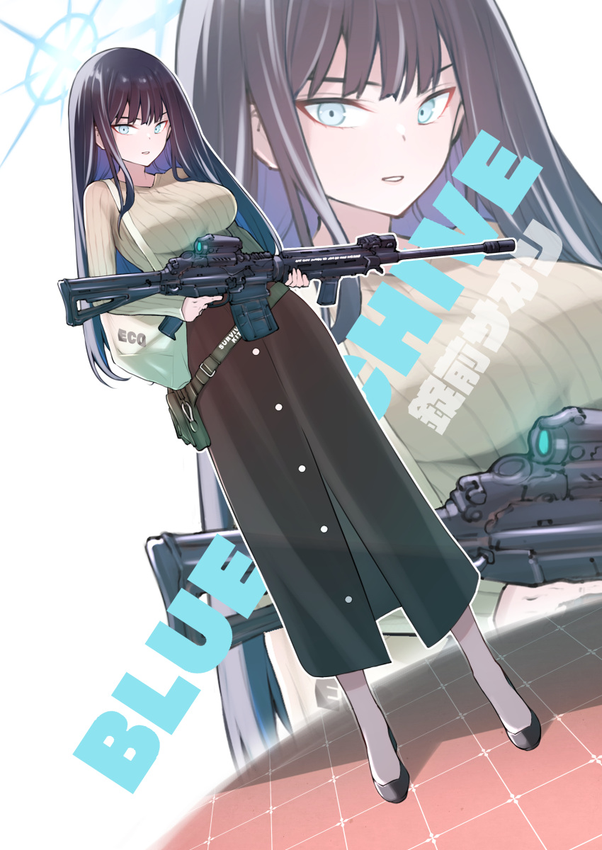 1girl absurdres alternate_costume assault_rifle bag black_footwear black_hair blue_archive blue_eyes blue_halo breasts brown_skirt character_name full_body grey_sweater gun halo highres holding holding_gun holding_weapon kojima_takeshi large_breasts long_hair long_sleeves looking_at_viewer open_mouth pantyhose ribbed_sweater rifle saori_(blue_archive) shoes sig_516 sig_sauer skirt solo standing sweater weapon white_pantyhose zoom_layer