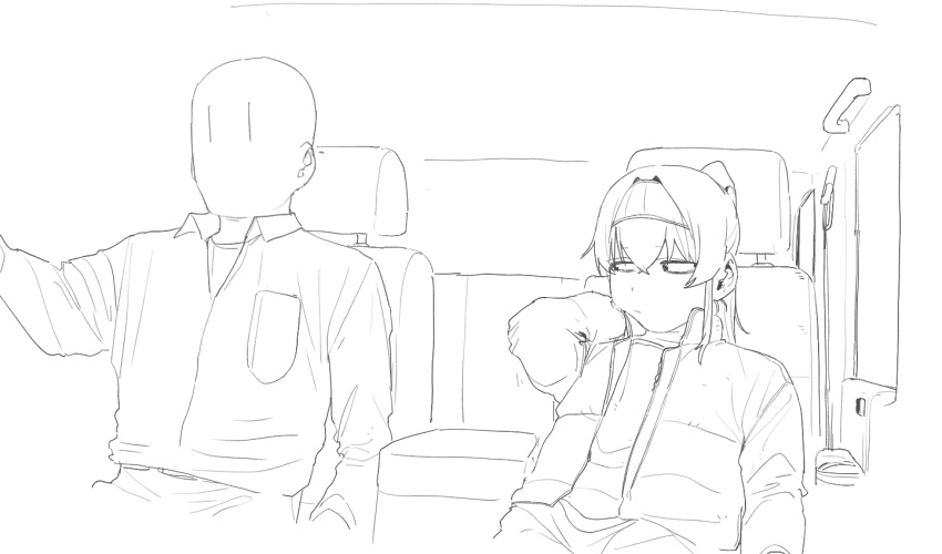 1boy 1girl alternate_costume bags_under_eyes bald blue_archive car_interior collared_shirt cropped_torso dress_shirt driving hairband jacket lineart long_hair long_sleeves looking_ahead looking_at_another looking_to_the_side monochrome no_mouth open_clothes open_jacket ponytail rkgk_ojisan sensei_(blue_archive) shirt sidelocks sitting ui_(blue_archive) |_|