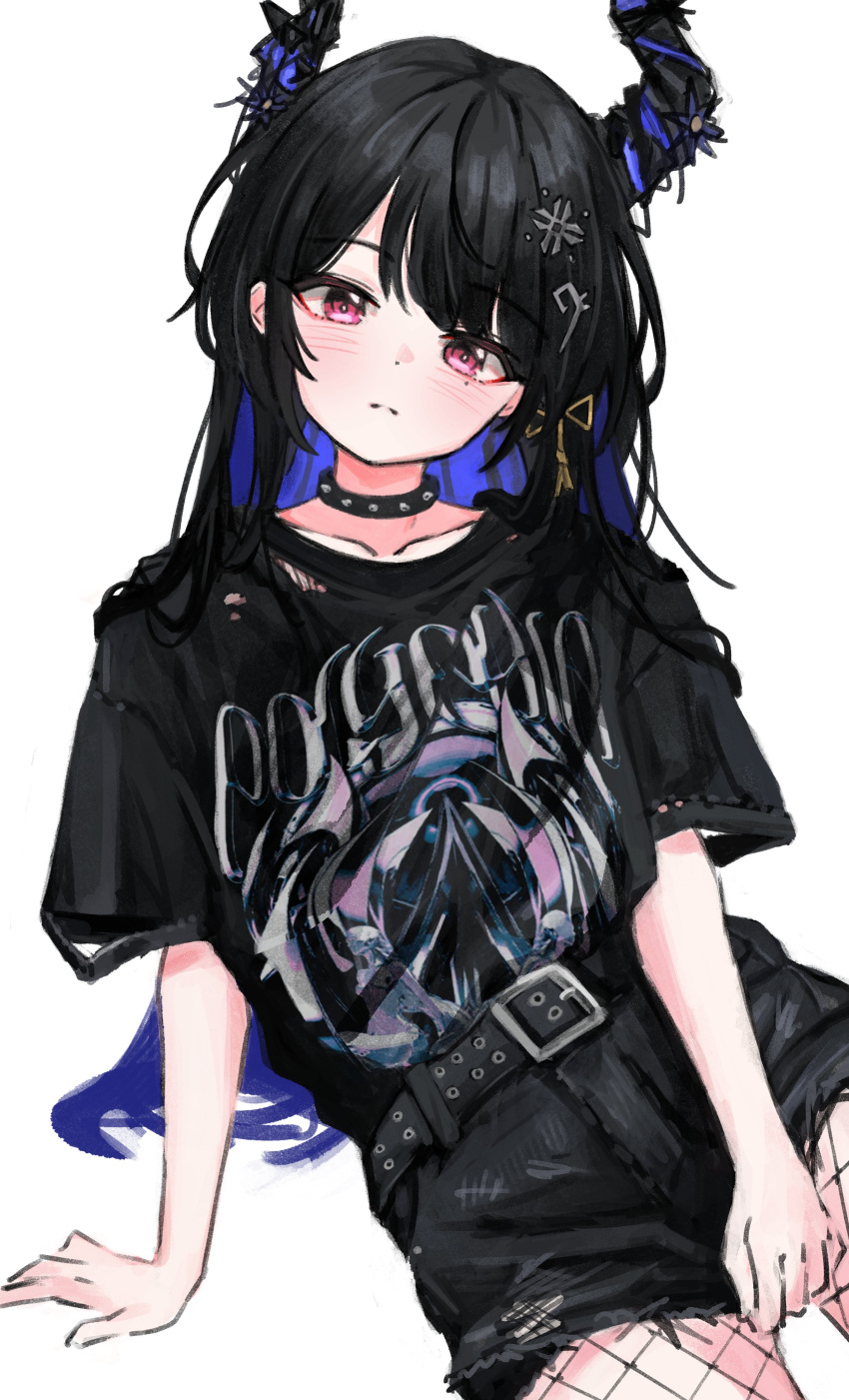 1girl absurdres akarinnndesu asymmetrical_horns belt black_belt black_hair black_horns black_shirt black_shorts blue_hair blush closed_mouth collar collarbone colored_inner_hair demon_horns fishnets hair_ornament highres hololive hololive_english horns long_hair looking_at_viewer mole mole_under_eye multicolored_hair nerissa_ravencroft parted_bangs pink_eyes shirt shorts sitting solo spiked_collar spikes torn_clothes two-tone_hair uneven_horns very_long_hair virtual_youtuber