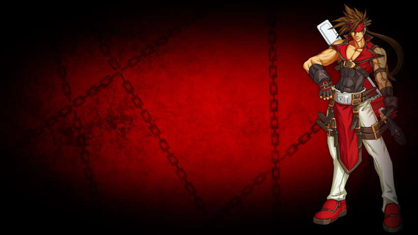 1boy brown_hair guilty_gear headband highres non-web_source red_background red_headband sol_badguy solo