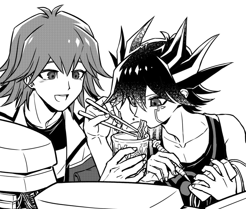 2boys bruno_(yu-gi-oh!) chopsticks collarbone facial_tattoo food fudou_yuusei greyscale highres holding holding_chopsticks holding_food holding_tool jacket looking_at_another machinery male_focus monochrome multiple_boys noodles open_mouth ramen ramen screentones shirt short_hair simple_background smile soldering_iron spiky_hair t-shirt tank_top tattoo tools upper_body youko-shima yu-gi-oh! yu-gi-oh!_5d's