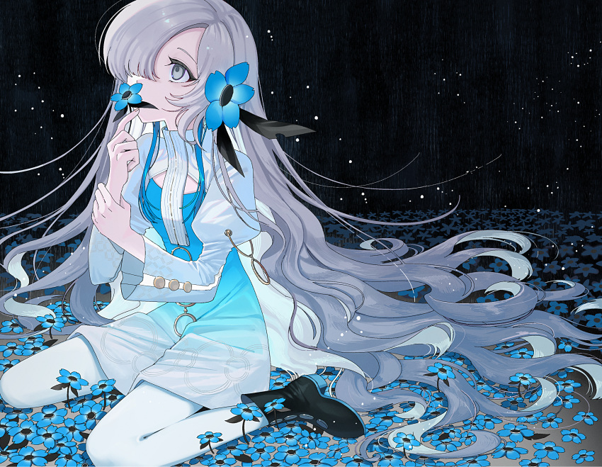 1girl black_footwear blue_dress blue_flower blue_hair boots commentary_request covered_mouth dress flower flower_over_mouth gradient_dress grey_eyes grey_hair hair_flower hair_ornament hair_over_one_eye highres holding holding_flower holding_own_arm isekai_joucho juliet_sleeves kamitsubaki_studio light_particles long_hair long_sleeves looking_up lvetica multicolored_hair one_eye_covered pantyhose puffy_sleeves short_dress shrug_(clothing) sitting solo streaked_hair turtleneck very_long_hair virtual_youtuber wariza white_dress white_pantyhose white_sleeves
