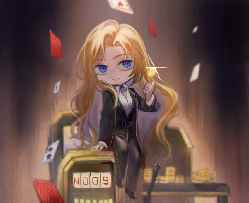 1girl black_coat black_pants black_vest brown_hair card chibi closed_mouth coat coin glint highres huanxue limbus_company long_hair looking_at_viewer pants playing_card project_moon rodion_(project_moon) shirt sitting slot_machine solo tossing very_long_hair vest white_shirt