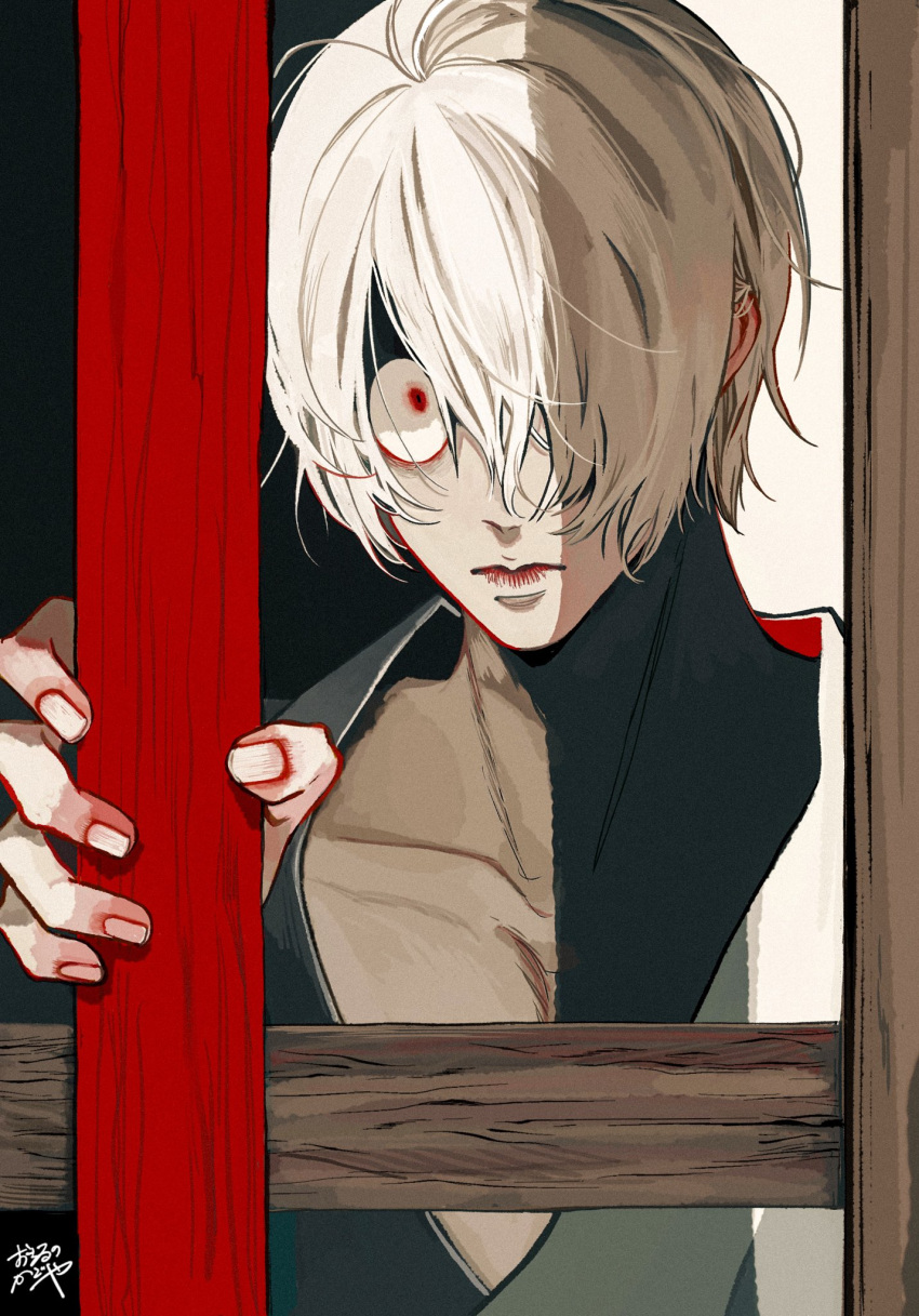 1boy closed_mouth collarbone constricted_pupils fingernails gegege_no_kitarou gegerou grey_kimono hair_over_one_eye hand_up highres holding japanese_clothes kagoya1219 kimono looking_at_viewer male_focus one_eye_covered red_eyes short_hair signature solo upper_body white_hair wood