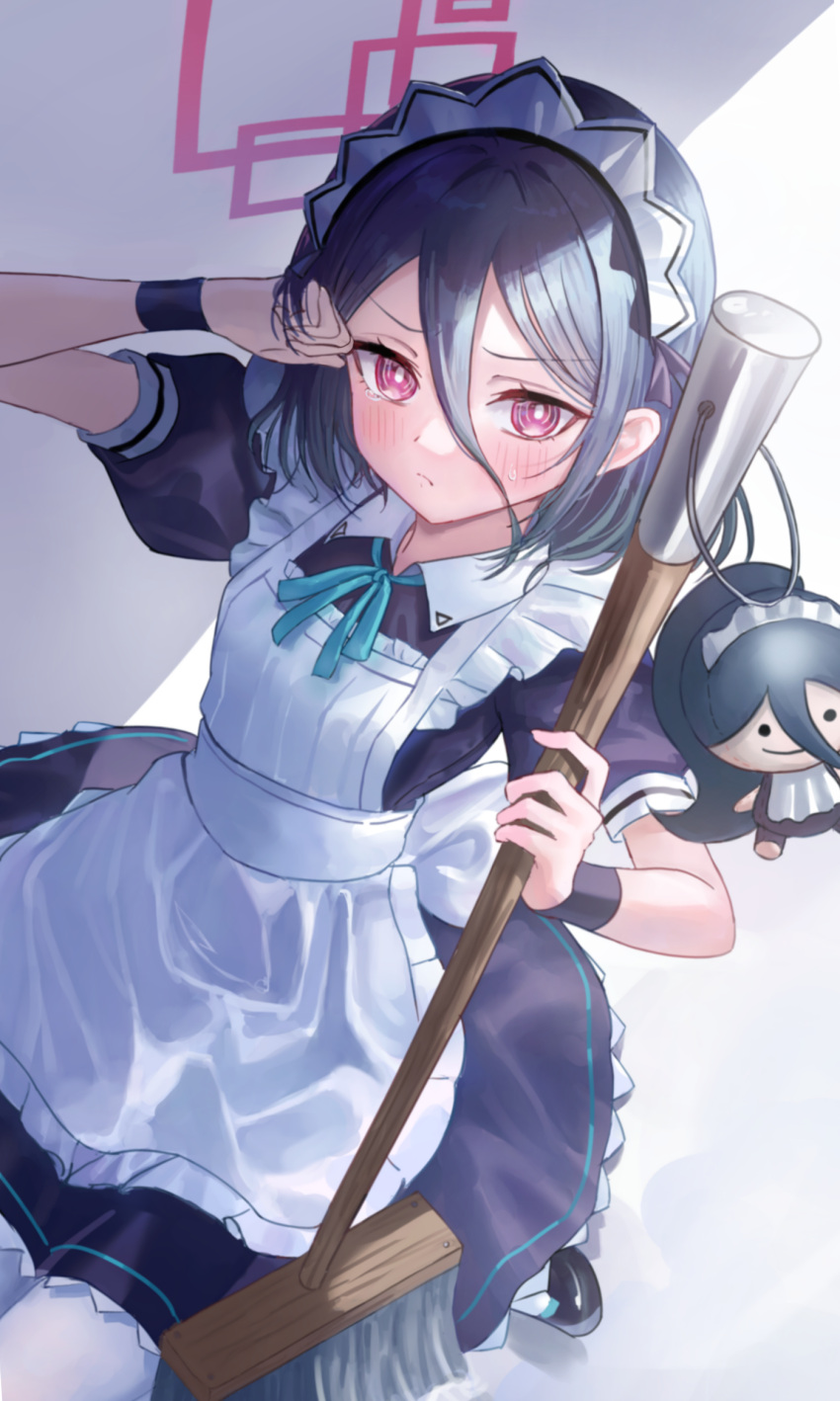 &lt;key&gt;_(blue_archive) 1girl apron aris_(blue_archive) aris_(maid)_(blue_archive) black_dress black_hair black_wristband blue_archive blue_ribbon blush breasts bright_pupils closed_mouth collared_dress commentary_request dress frown hair_between_eyes halo hand_up highres holding holding_mop long_bangs long_hair looking_at_viewer lunel maid maid_apron maid_headdress mop neck_ribbon official_alternate_costume puffy_short_sleeves puffy_sleeves red_halo ribbon short_sleeves small_breasts solo stuffed_toy upper_body violet_eyes white_apron white_pupils