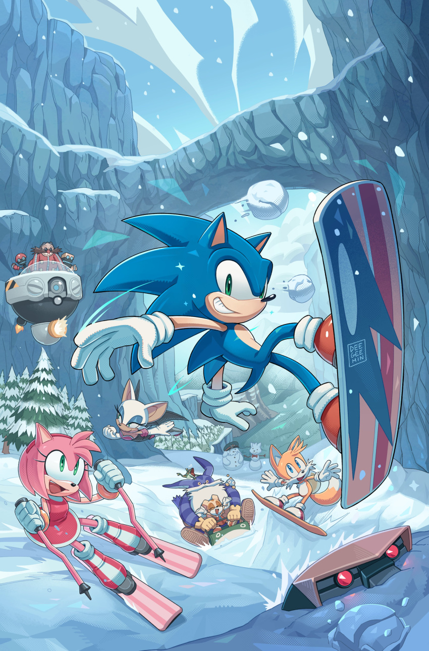 3girls absurdres amy_rose animal_ears bald bat_ears bat_wings big_the_cat blue_eyes blue_sky boots brown_gloves chao_(sonic) cheese_(sonic) closed_eyes clouds cream_the_rabbit cubot day digimin dr._eggman dress e-123_omega facial_hair flying froggy_(sonic) furry furry_female furry_male gloves green_eyes grin highres multiple_girls mustache open_mouth orange_dress orbot outdoors pine_tree pink_footwear red_dress red_footwear robot rouge_the_bat shoes skiing sky sleeveless sleeveless_dress smile snow snowball snowboard snowboarding sonic_(series) sonic_the_hedgehog tails_(sonic) teeth tree two-tone_footwear white_footwear white_gloves wings