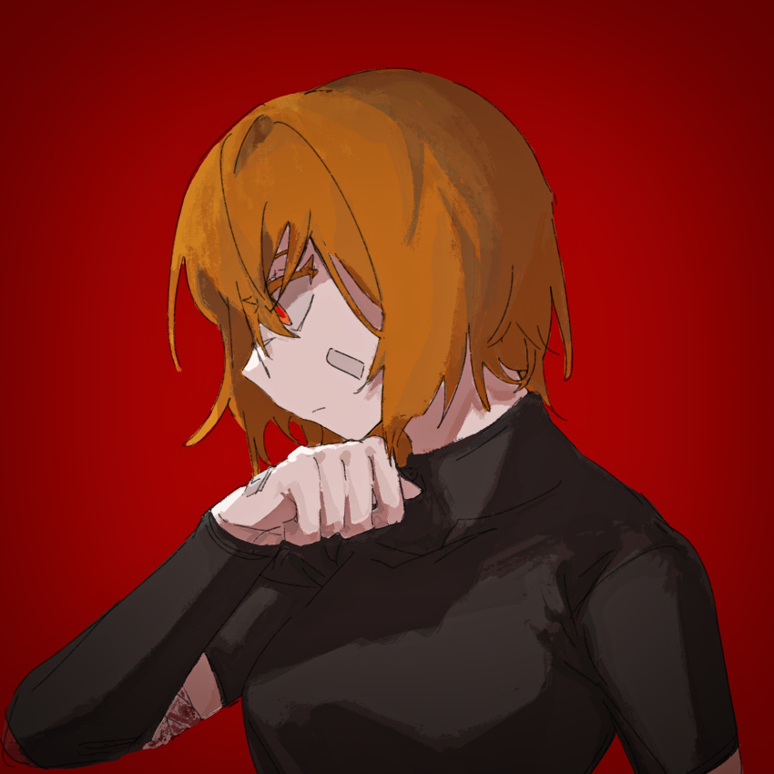 1girl bandaid bandaid_on_face black_shirt blonde_hair breasts closed_mouth don_quixote_(project_moon) hand_up highres ivy_(675671) limbus_company medium_breasts project_moon red_background shirt short_hair short_sleeves simple_background solo vambraces yellow_eyes