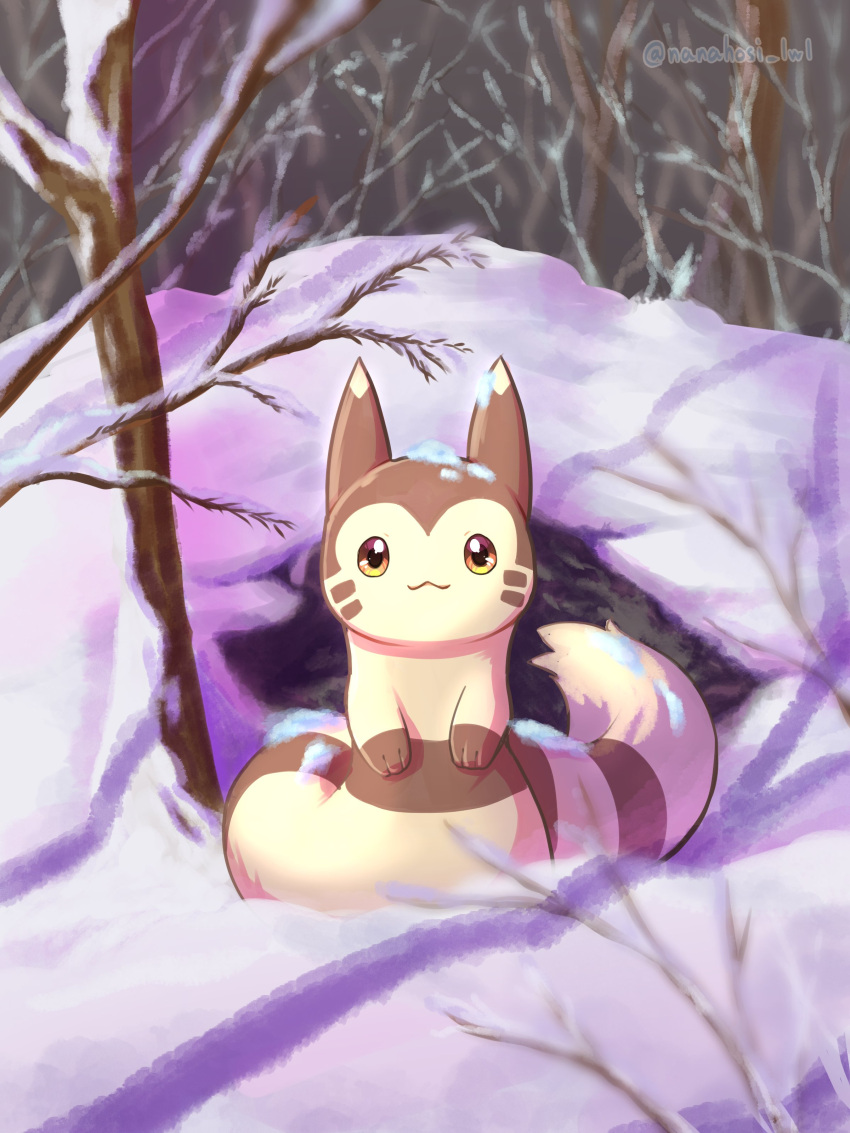 absurdres animal_focus artist_name branch brown_eyes brown_fur commentary_request furret highres looking_at_viewer nanahoshi_(wadorigi) no_humans outdoors pokemon pokemon_(creature) snow solo tail two-tone_fur white_fur