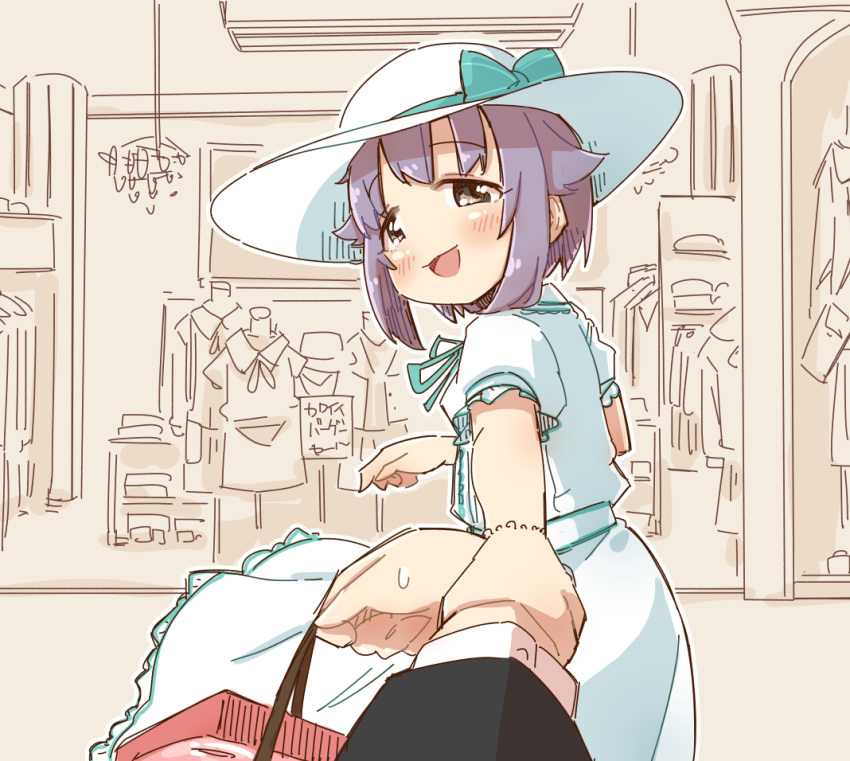 1boy 1girl :d bag blue_bow blue_ribbon blush bow brown_eyes commentary_request dress grey_hair hair_flaps hat hat_bow holding holding_another's_wrist holding_bag idolmaster idolmaster_cinderella_girls indoors koshimizu_sachiko looking_at_viewer looking_to_the_side mannequin neck_ribbon paper_bag puffy_short_sleeves puffy_sleeves ribbon shopping_bag short_sleeves smile solo_focus sweat white_dress yukie_(kusaka_shi)