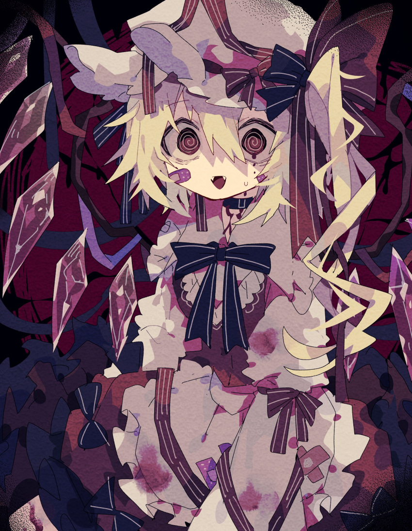 1girl :d @_@ absurdres apron bandaid bandaid_on_face black_choker blonde_hair blood blood_on_clothes choker commentary_request cowboy_shot crystal fangs flandre_scarlet hat hat_ribbon highres long_sleeves looking_at_viewer mob_cap muted_color neck_ribbon nikorashi-ka open_mouth red_eyes red_ribbon red_skirt red_vest ribbon shirt side_ponytail skirt smile solo sweatdrop touhou vampire vest waist_apron white_apron white_headwear white_shirt wings