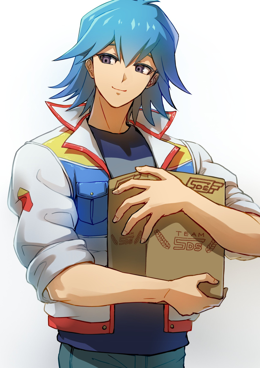 1boy absurdres blue_hair blue_shirt box bruno_(yu-gi-oh!) cowboy_shot denim facing_viewer gradient_background grey_eyes high_collar highres holding holding_box jacket jeans looking_to_the_side male_focus open_clothes open_jacket pants shirt short_hair simple_background sleeves_rolled_up smile solo standing white_background youko-shima yu-gi-oh! yu-gi-oh!_5d's