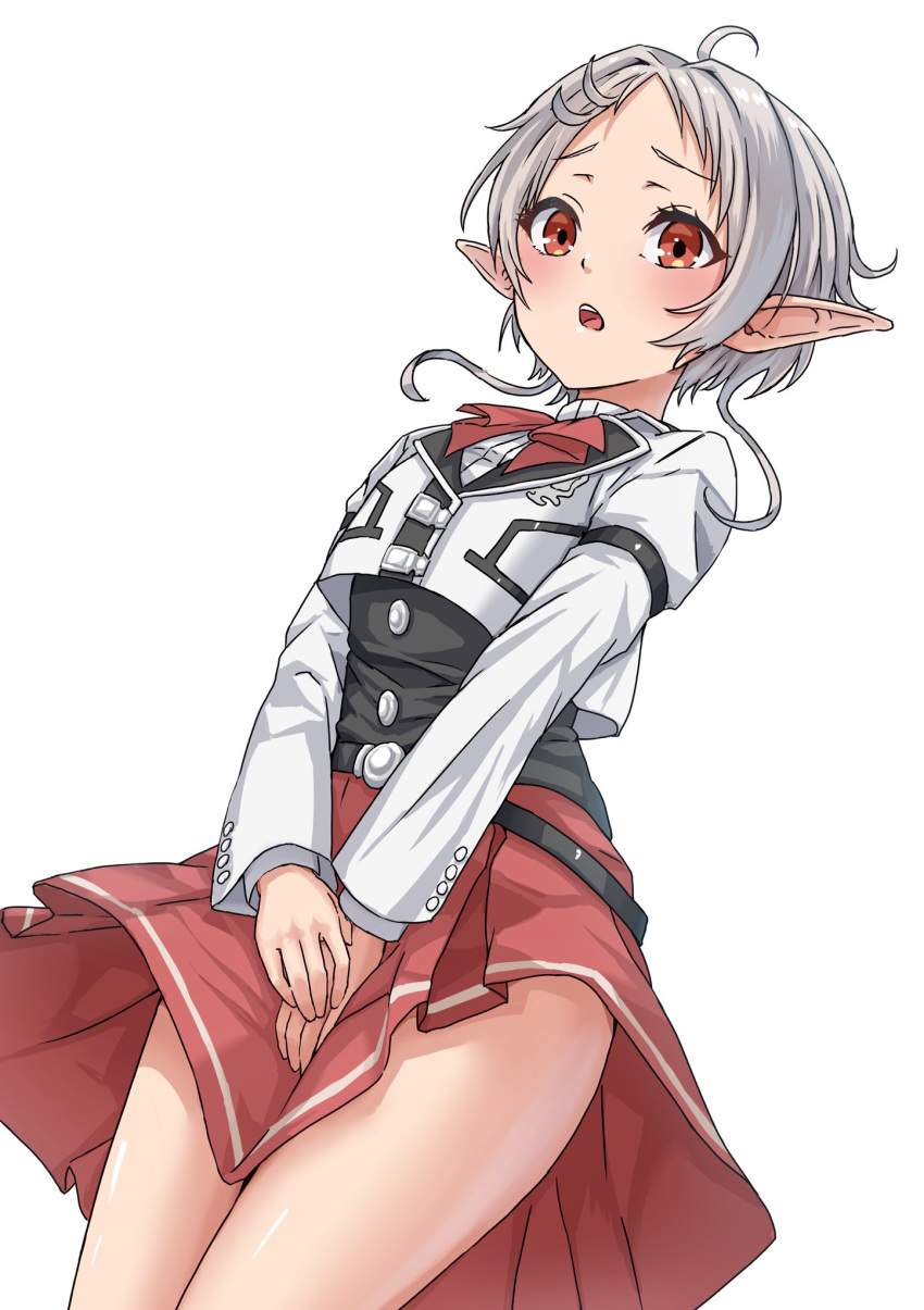 1girl ahoge bow covering_crotch covering_privates cowboy_shot elf highres long_sleeves mushoku_tensei open_mouth pleated_skirt pointy_ears red_bow red_eyes red_skirt school_uniform shirt short_hair skirt solo syagare sylphiette_(mushoku_tensei) vest white_background white_hair white_vest