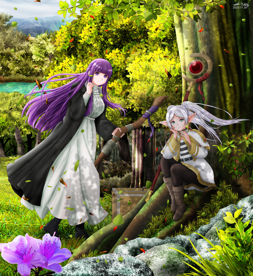 2girls absurdres against_tree black_coat black_footwear black_pantyhose blunt_bangs boots capelet closed_mouth coat cut_bangs dangle_earrings dated day dress earrings elf fern_(sousou_no_frieren) flower forest frieren green_eyes highres holding holding_staff jewelry long_hair long_sleeves looking_at_viewer mage_staff mountain multiple_girls nature nihility outdoors pantyhose parted_lips pointy_ears purple_hair river shirt signature sitting sousou_no_frieren staff standing straight_hair tree violet_eyes white_capelet white_dress white_shirt