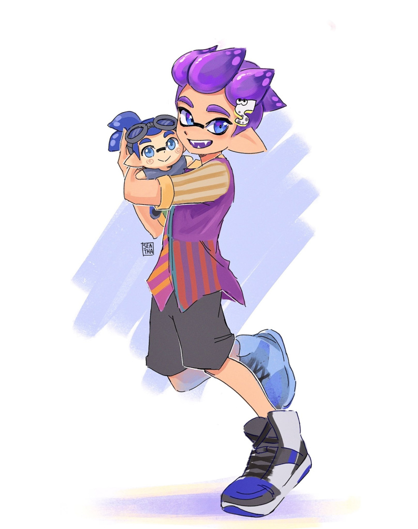1boy :&gt; artist_name blue_eyes blue_hair english_commentary grey_shorts hair_ornament hairclip highres holding holding_stuffed_toy inkling inkling_boy multicolored_footwear open_mouth pointy_ears purple_hair seatha shoes short_hair shorts simple_background solo splatoon_(series) standing standing_on_one_leg stuffed_toy teeth white_background