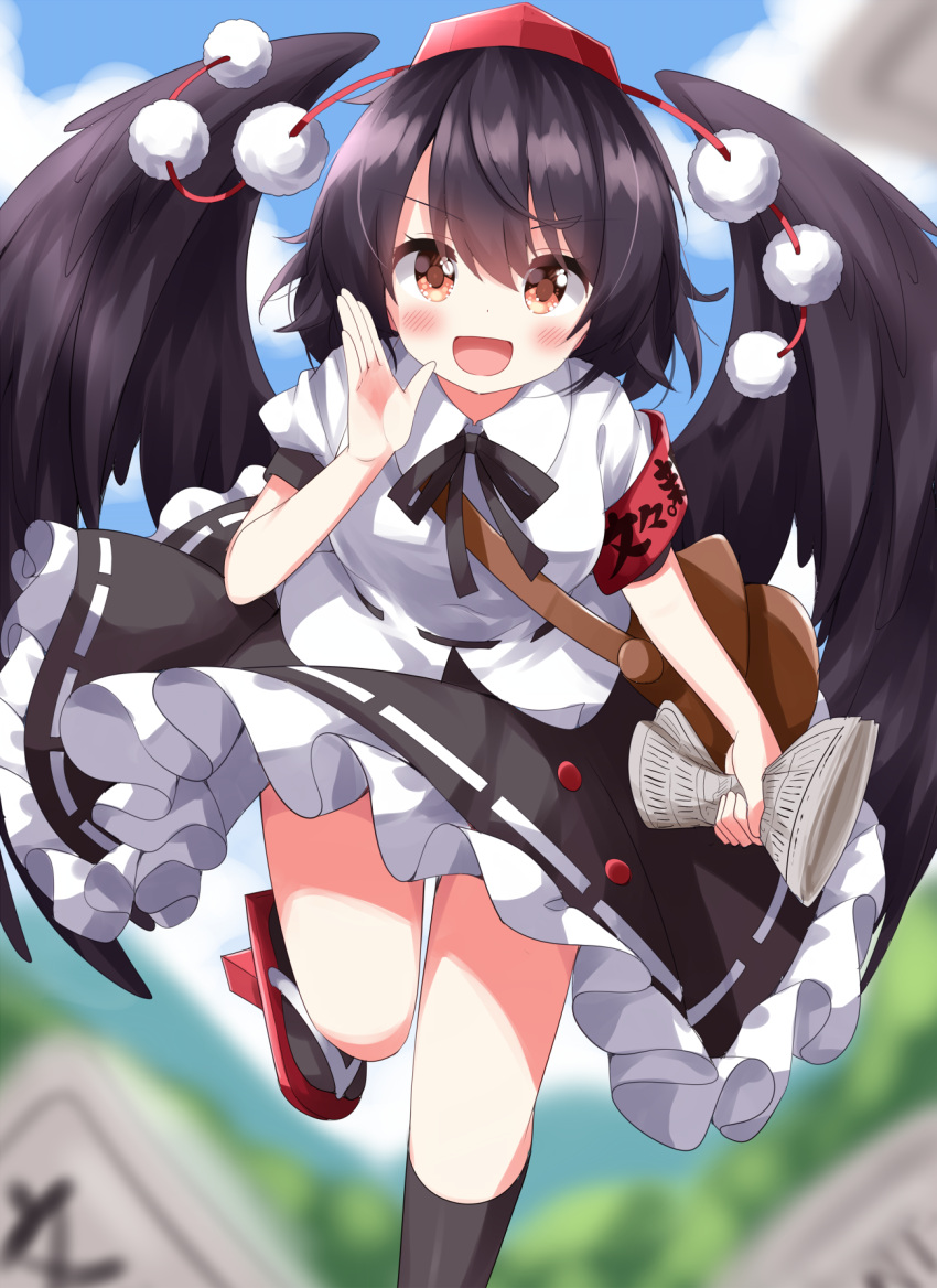 1girl black_hair black_skirt black_socks black_wings blush feathered_wings foot_out_of_frame frilled_skirt frills geta hair_between_eyes hat highres holding holding_newspaper newspaper open_mouth pom_pom_(clothes) puffy_short_sleeves puffy_sleeves red_eyes red_footwear red_headwear ruu_(tksymkw) sailor_collar shameimaru_aya shirt short_hair short_sleeves skirt smile socks solo tokin_hat touhou white_shirt wings