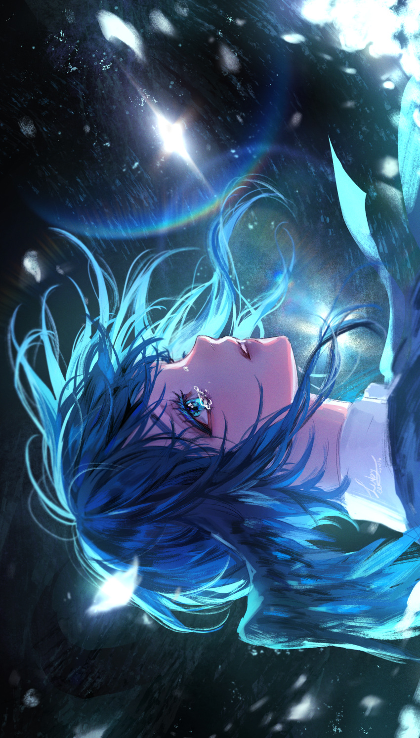 1girl bird_wings blue_eyes blue_hair blue_theme colored_eyelashes commentary crying crying_with_eyes_open diffraction_spikes falling_petals feathered_wings final_fantasy final_fantasy_xiv floating_hair from_side head_wings highres leeluby lens_flare looking_ahead meteion parted_lips petals planet portrait short_hair sideways solo space tears wind wings