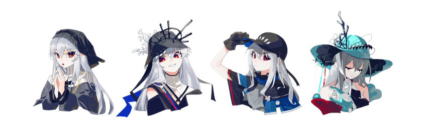 4girls arknights arm_up baseball_cap black_gloves black_headwear black_veil closed_eyes closed_mouth gloves grin hat highres long_hair multiple_girls open_mouth praying red_eyes sidelocks simple_background skadi_(arknights) skadi_the_corrupting_heart_(arknights) smile specter_(arknights) specter_the_unchained_(arknights) upper_body veil very_long_hair white_background white_hair xity