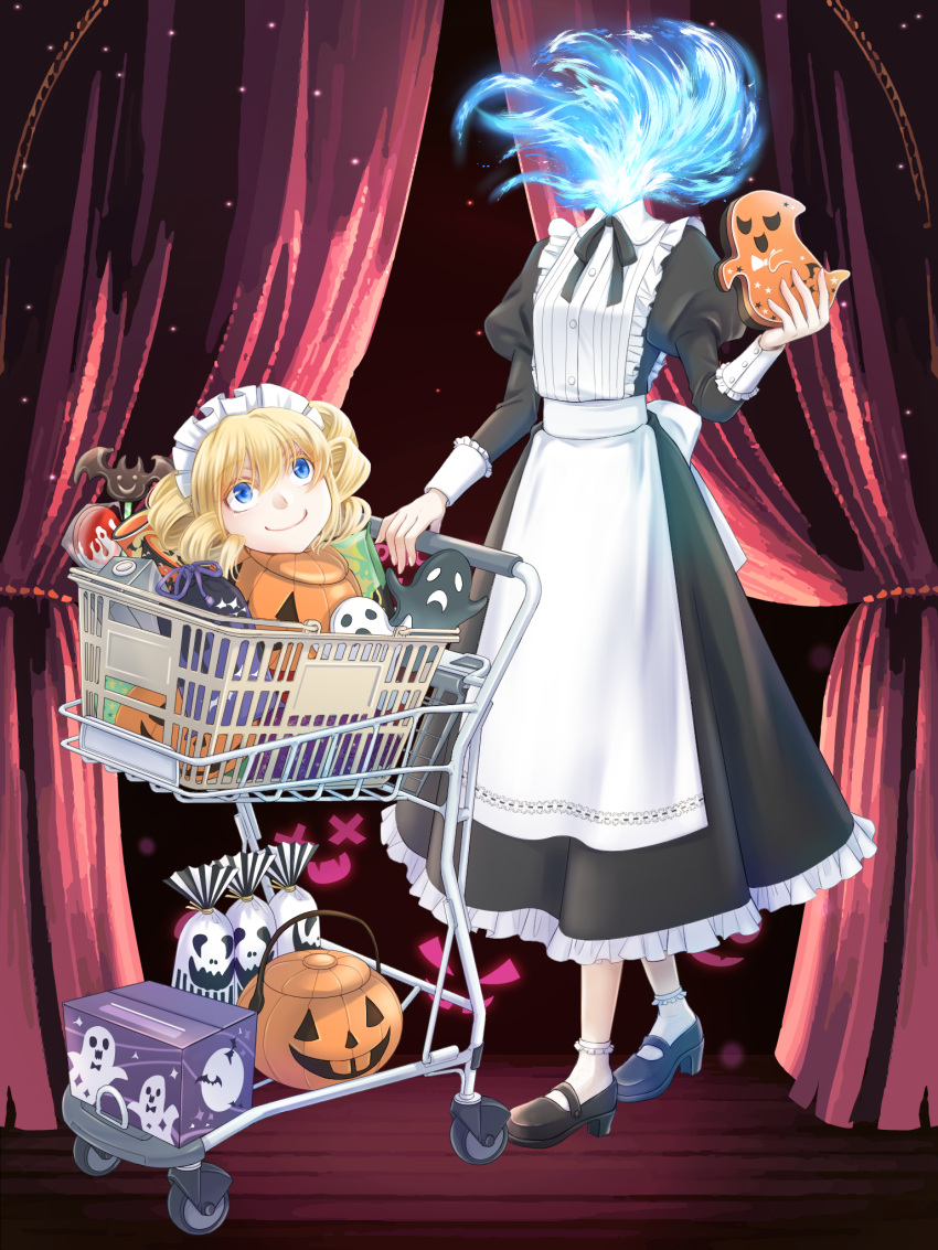 1girl alpaca_connect apron black_dress black_footwear black_ribbon blonde_hair blue_eyes blue_fire box closed_mouth commission curtains disembodied_head dress drill_hair dullahan fire frilled_apron frilled_socks frills full_body ghost gift_bag hair_between_eyes halloween halloween_bucket headless highres holding juliet_sleeves long_hair long_sleeves looking_up maid maid_apron maid_headdress mary_janes mochizuki_sora neck_ribbon official_art peter_pan_collar puffy_sleeves ribbon shoes shopping_cart sleeve_cuffs smile socks solo stage_curtains standing twin_drills white_apron white_socks